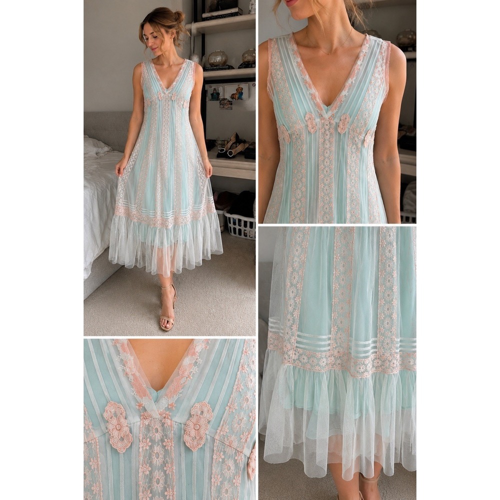 Nataya Romantic Lace Babydoll Midi Dress Mesh Embroidered Ruffle Size S Blue